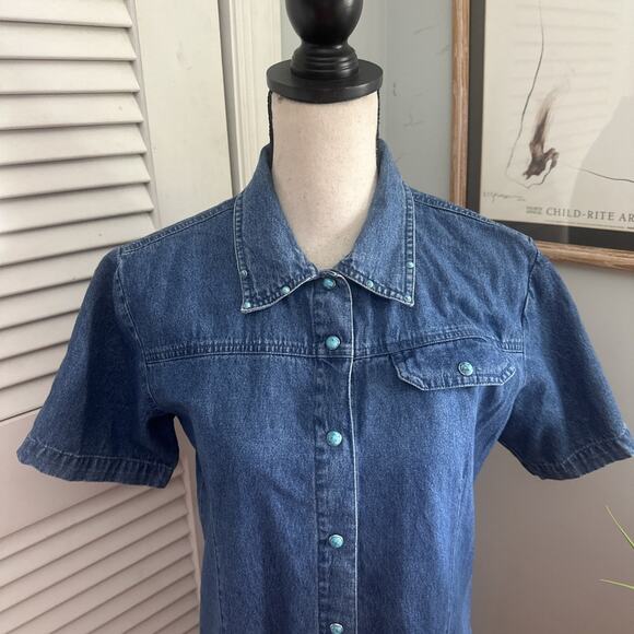 BLUE J Womens Shirt Dress Small Blue Denim Turquoise Snap Shift Retro 90s Boho - Picture 2 of 10